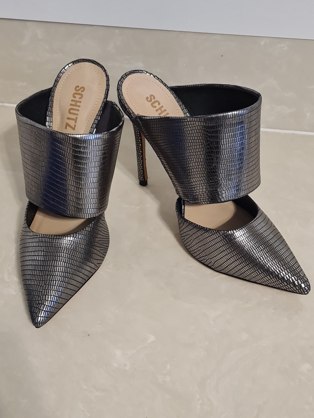 SCHUTZ - Never Worn - Metallic Gunmetal Pointed-Toe Mule Heels
